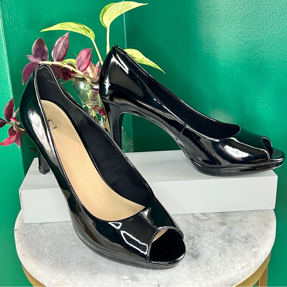 Chinese Laundry Black Platform Patent Leather Peep Toe Pump